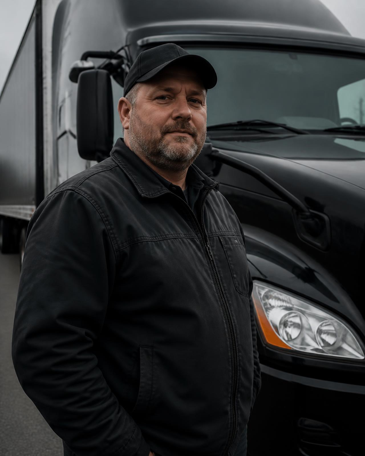 Professional CDL driver standing beside the cab of a modern semi truck